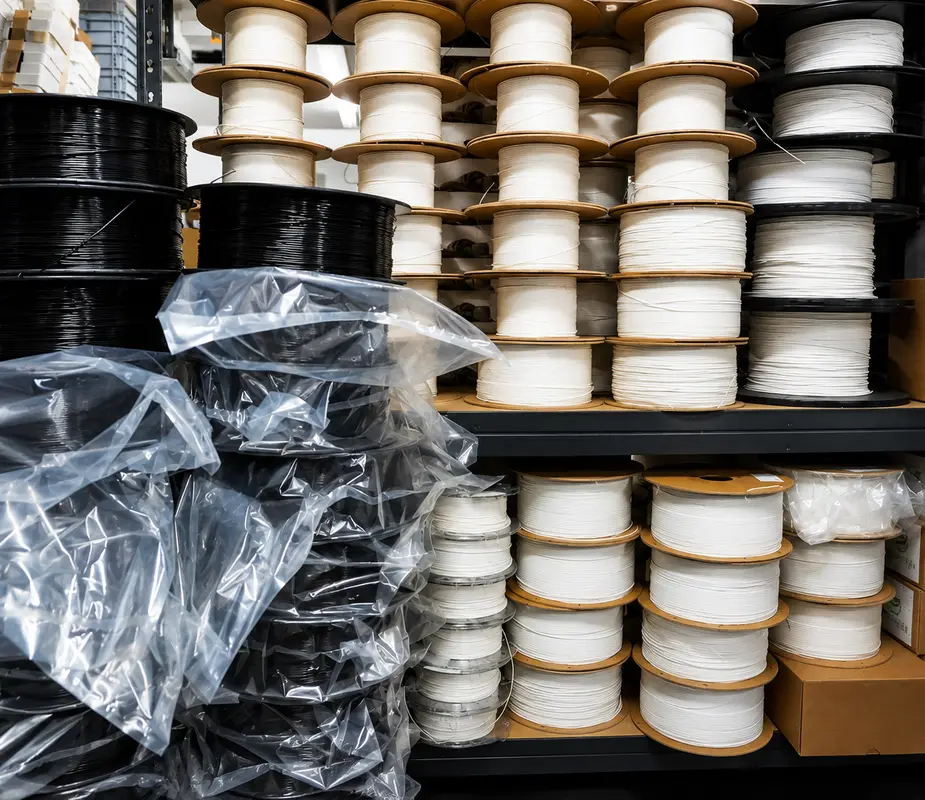 Filament-Spulen im Großbestand — schwarzes und weißes Material vakuumverpackt